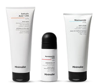 Minimalist Body Care Kit | 2% Salicylic Acid Body Wash + Underarm Roll-On + Niacinamide 5% Body Lotion | Ideal for Body Acne & Bumpy Skin, Hydration & Barrier Repair, Odor & Darkness | For Women & Men