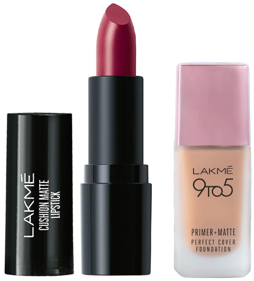 Lakmé 9 To 5 Primer + Matte Perfect Cover Liquid Foundation & Lakmé Cushion Matte Lipstick Combo