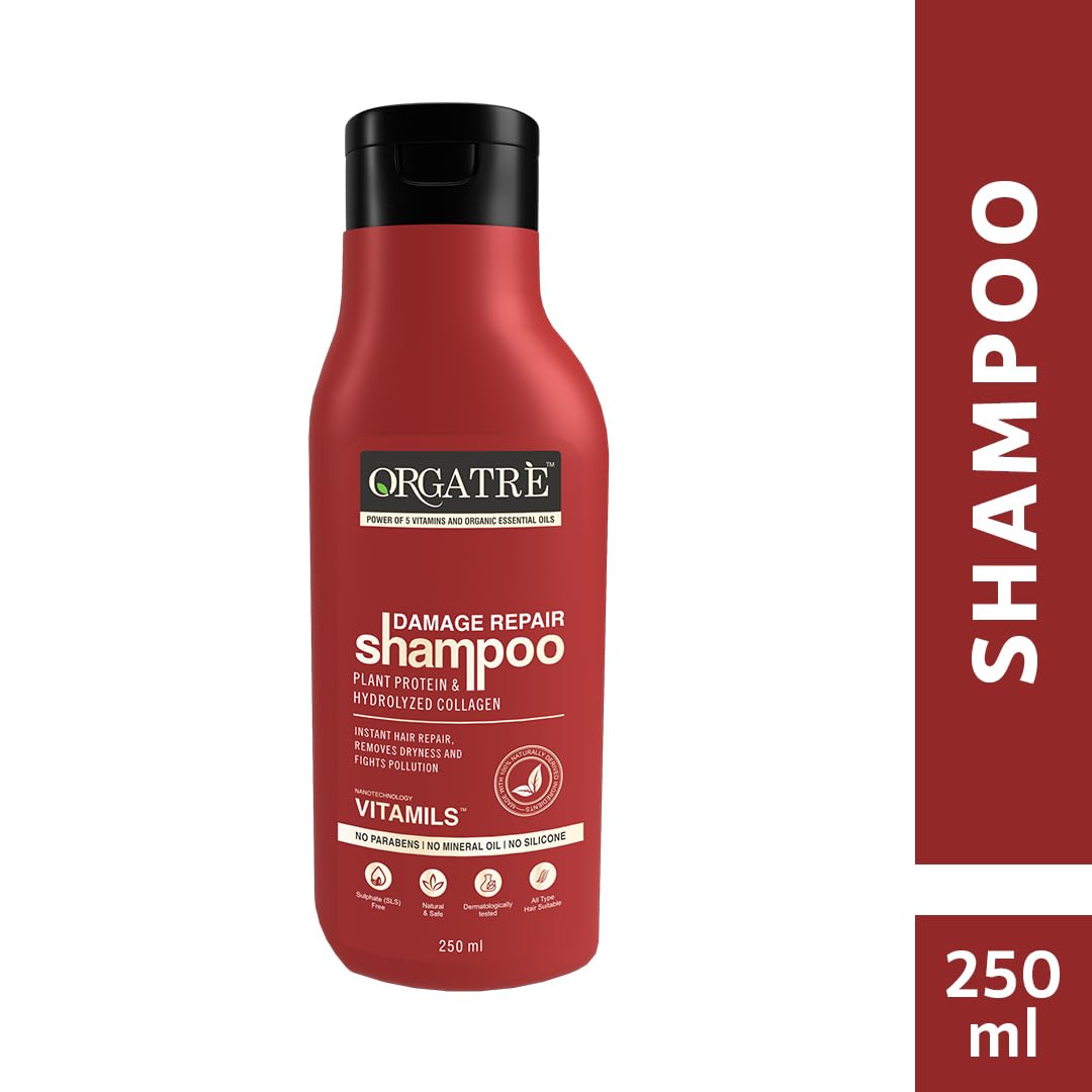 ORGATRE Damage Repair Shampoo - 250ml | For Rough, Dull & Damaged Hair | Protein & Hydrolyzed Collagen | Stronger, Vibrant Hair | SLS-Free | For Men & Women