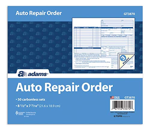 Adams Auto Repair Order Forms, 8.5 x 7.44 Inch, 3-Part, Carbonless, 50-Pack, White and Canary (GT3870)