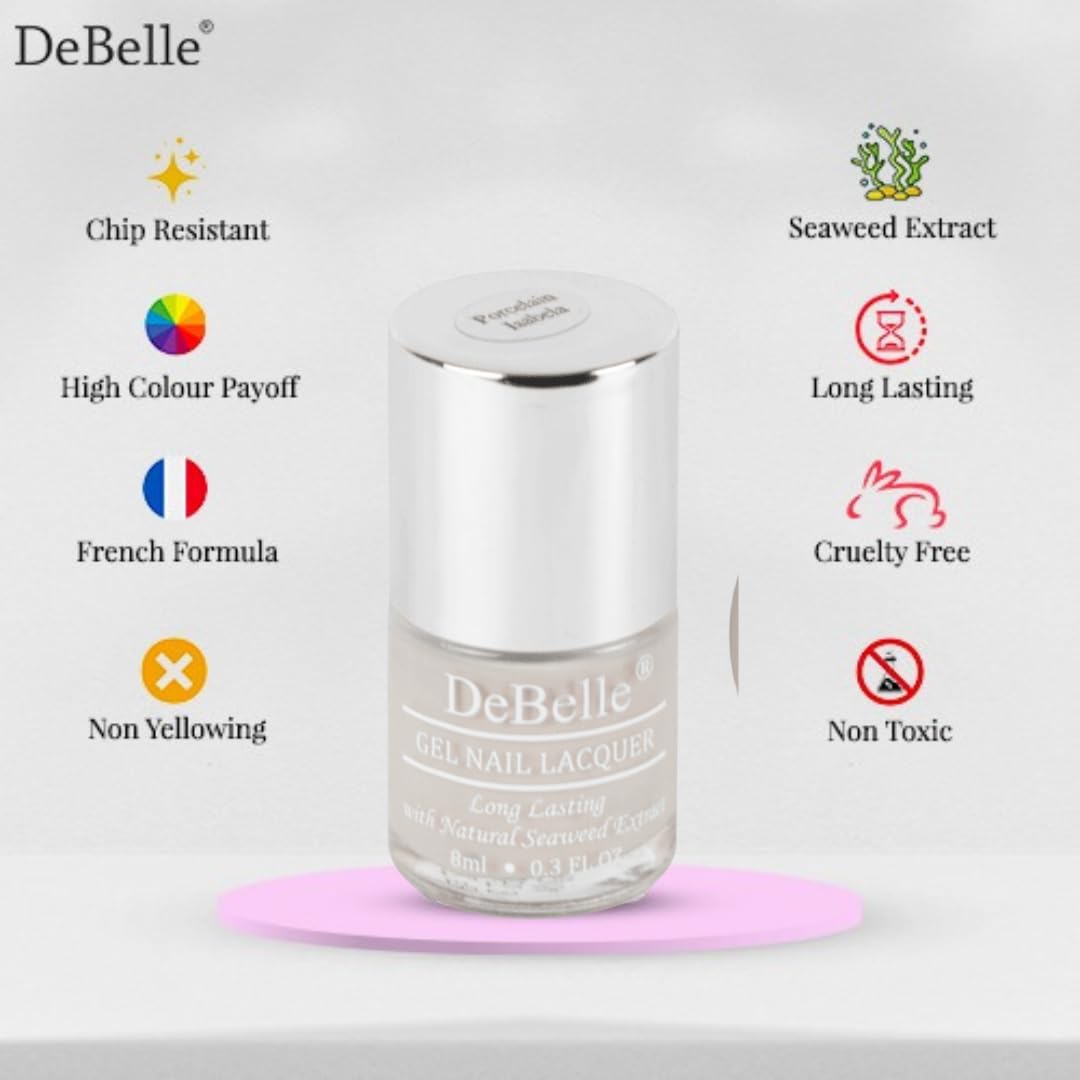 DeBelle Gel Nail Polish Porcelain Isabela (Porcelain Beige Nail Paint)|Non UV - Gel Finish |Chip Resistant | Seaweed Enriched Formula| Long Lasting|Cruelty and Toxic Free| 8ml