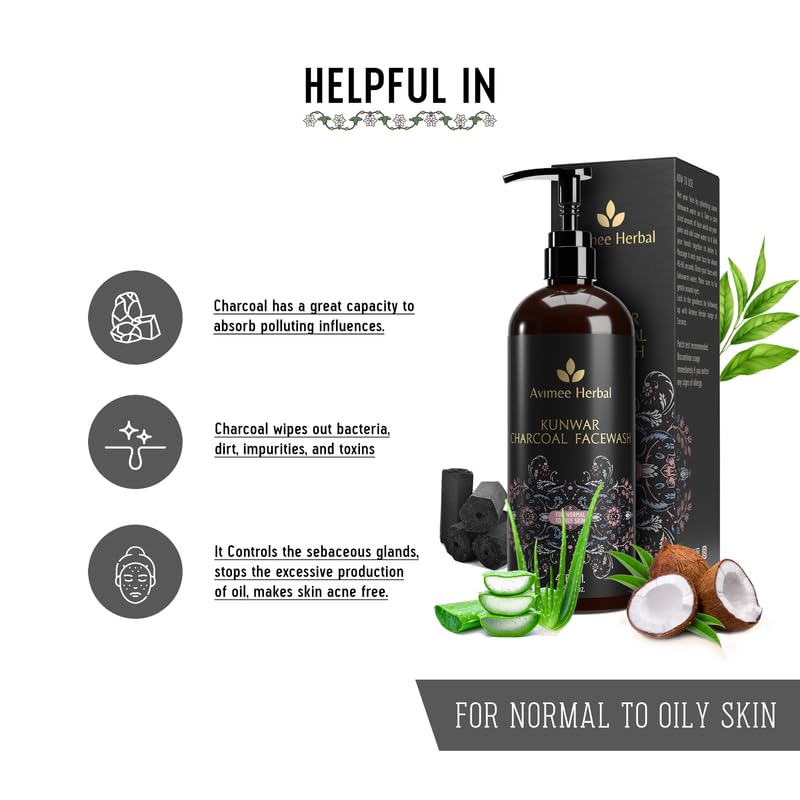 Avimee Herbal Kunwar Charcoal Face Wash I For Oil & Dust Free Skin That Glows From Within | Deep Cleaning With Activated Charcoal & Neem Extracts | 400 ml