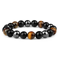 Crystal Vibe Triple Protection Bracelet - 10mm Bead Bracelet for women men With Natural Stones of Tiger Eye Hematite and Black Obsidian - Healing Crystal Bracelet for Good Luck Prosperity Happiness