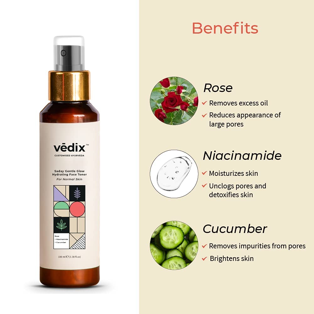 Vedix Customized Ayurvedic Toner | Saday Gentle Glow Hydrating Face Toner With Rose And Niacinamide | For Normal Skin | For Pore Tightening and Moisturizing |100ml