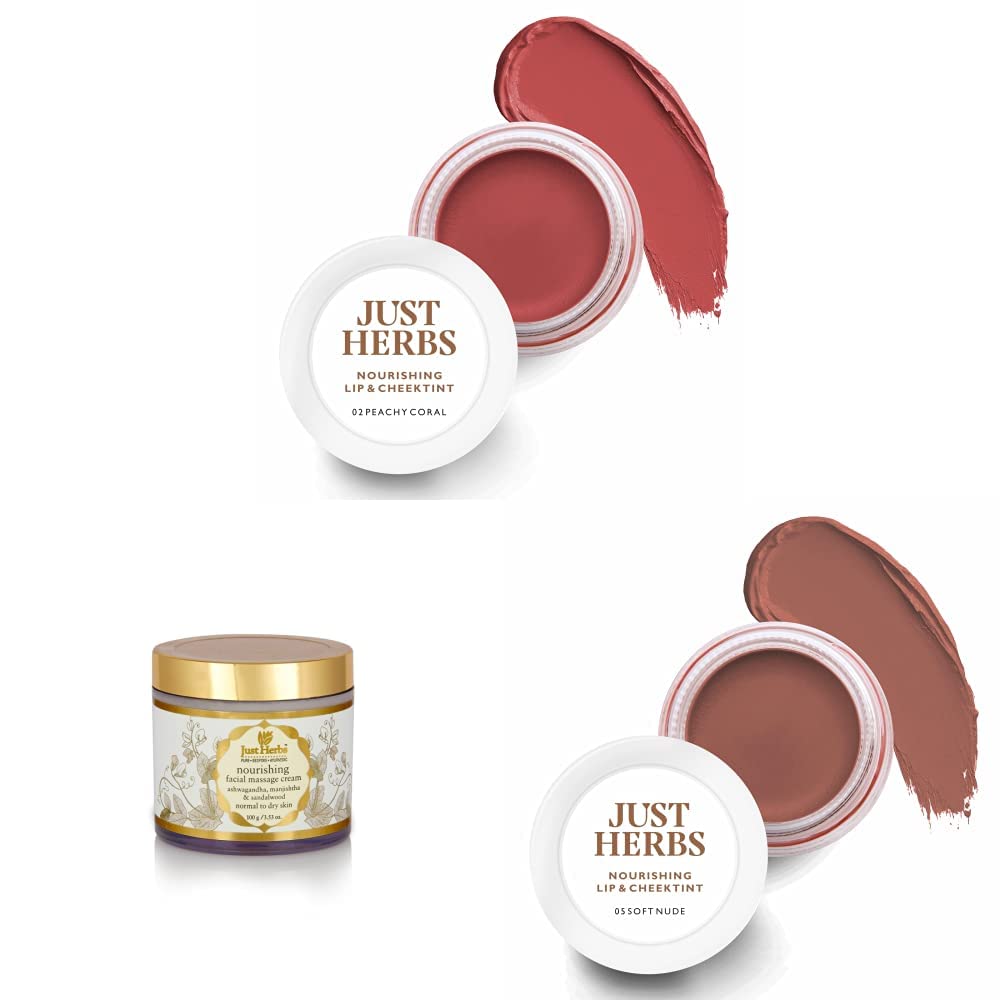 Just Herbs Lip and Cheek Tint -02 Peachy coral & Just Herbs Ayurvedic Herbal Nourishing Face Moisturizing Massage Cream 100 gm & Just Herbs Lip and Cheek Tint -05 Soft Nude