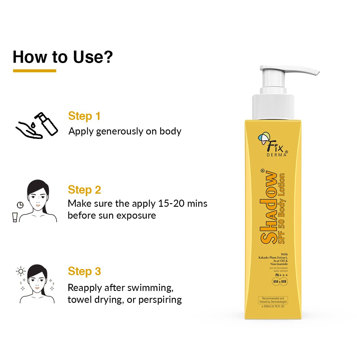 Fixderma Shadow Sunscreen Body Lotion with SPF 50 PA+++ & 2% Niacinamide | Body Sunscreen | Prevents Sun Tan, UVA & UVB Protection with No White Cast For Women & Men - 200 ml