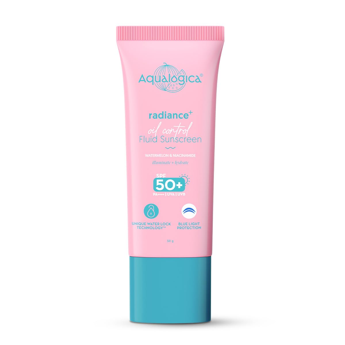 Aqualogica Radiance+ Oil Control Fluid Sunscreen for Oily Skin - 50 g | Ultra-Light Fluid Texture | SPF 50+ PA++++ UVA & UVB Protection | Oil Free | Controls Excess Oil | Non Greasy | No White Cast | For Men & Women