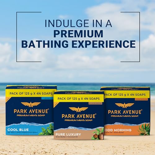 Park Avenue Premium Men’s Soaps for Bath – Cool Blue | 125g (Pack of 4) | Menthol & Mineral Energizer | Grade 1 Soap | For All Skin Types