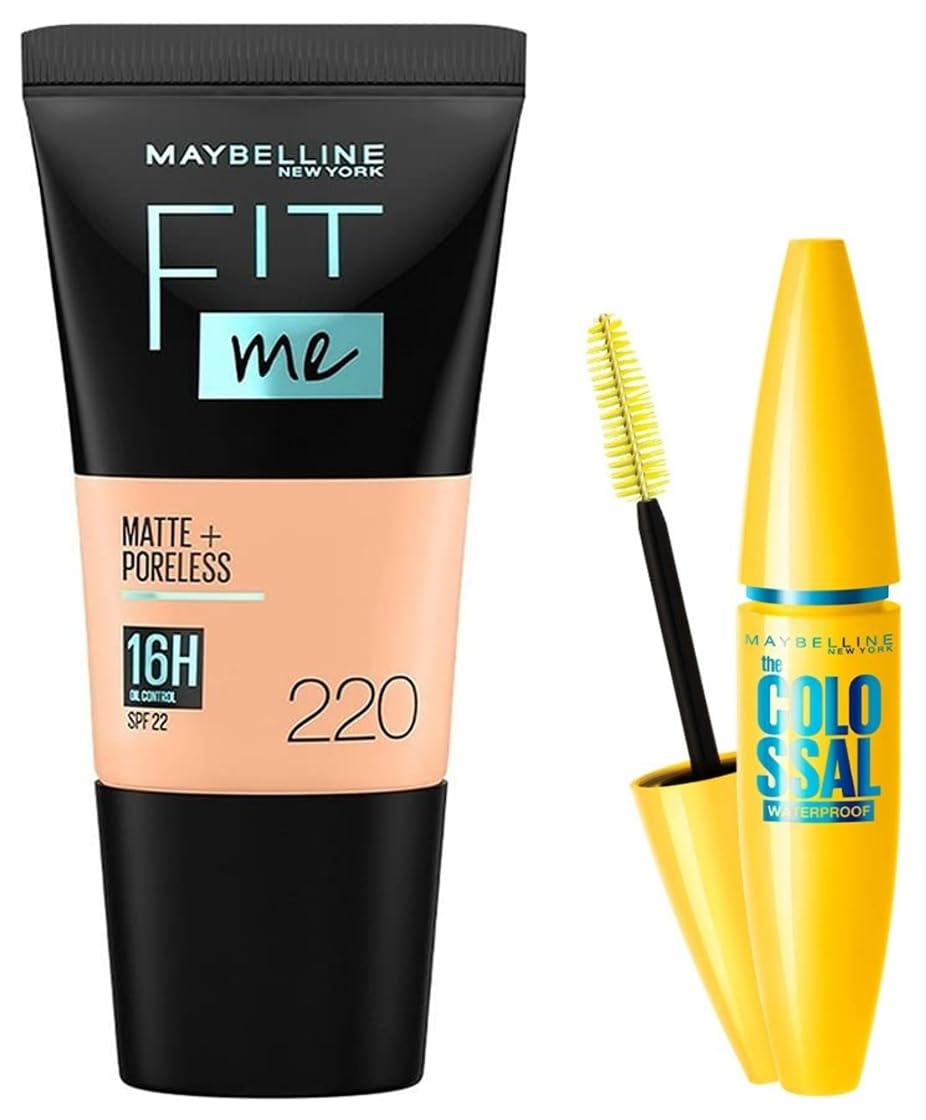 Maybelline New York Fit Me Matte+Poreless Liquid Foundation Medium Coverage For Oily Skin Tube,220 Natural Beige,18Ml And New York Volume Express Colossal Masacara,Waterproof,Black,10G,Pack Of 1