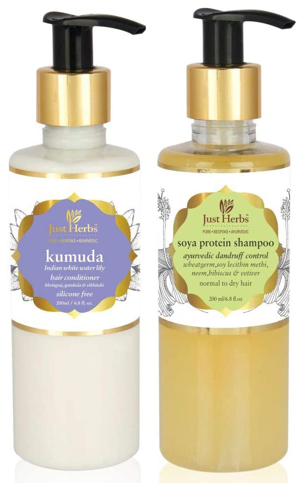 Just Herbs Kumuda Indian White Waterlily Conditioner, 200Ml And Dandruff Control Ayurvedic Soya Protein Shampoo, All, Count 2