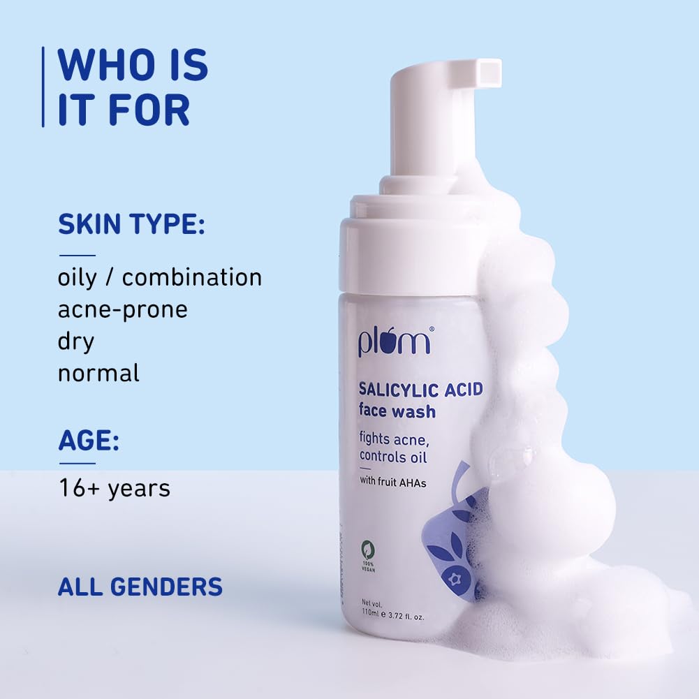 Plum 1% Encapsulated Salicylic Acid Foaming Face Wash | Fights Active Acne, Blackheads & Breakouts | with Glycolic Acid & Fruit AHAs | All Skin Types | Creamy Face Cleanser for Women & Men | 110ml