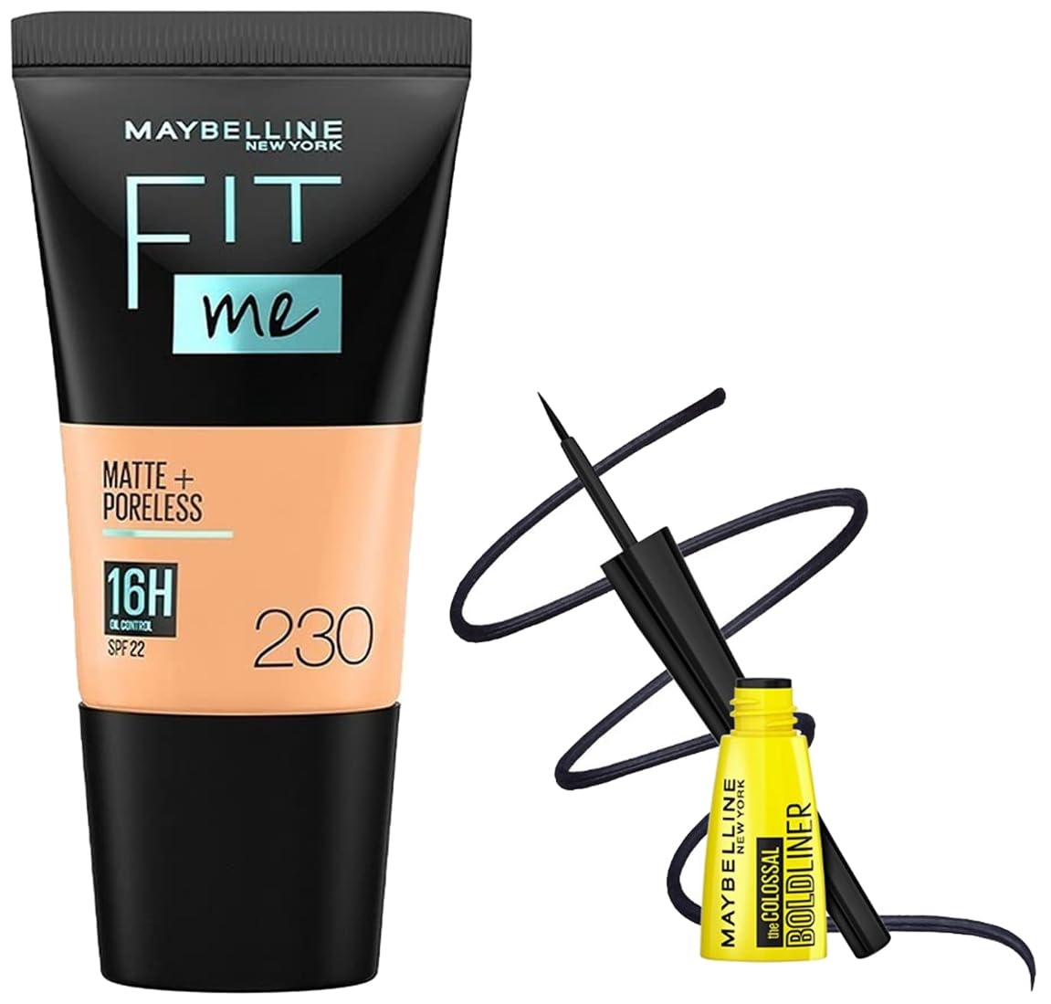 Maybelline New York Colossal Bold Eyeliner, Black, 3g & Maybelline New York Fit Me Matte+Poreless Liquid Foundation Tube, 230 Natural Buff, 18ml
