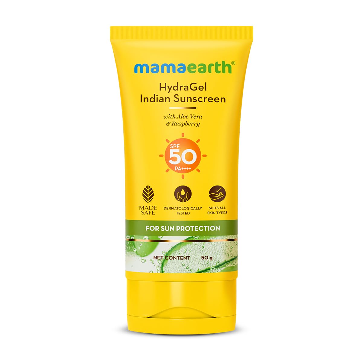 Mamaearth HydraGel Indian Sunscreen with Aloe Vera and Raspberry for Sun Protection | SPF 50 & PA++++ Protection | Shields from UVA & UVB Rays | Tan Protection | Non-Sticky & Light | 50 g