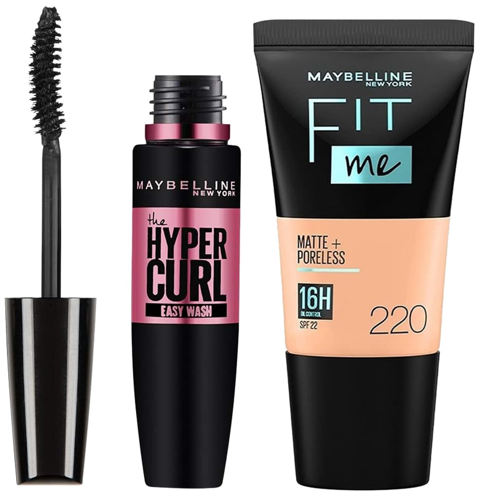 Maybelline New York Fit Me Matte+Poreless Liquid Foundation Tube, 220 Natural Beige, 18ml and Maybelline New York Hypercurl Mascara Washable, Black, 9.2ml