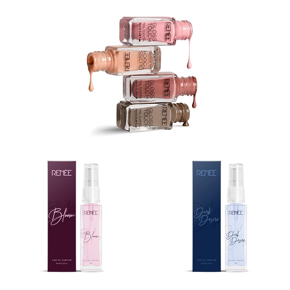 RENEE Gloss Touch Nail Paint Set Of 4 & Eau De Parfum Bloom 8Ml, & Eau De Parfum Dark Desire 8Ml, Premium Long Lasting Luxury Perfume Scent Spray For Women