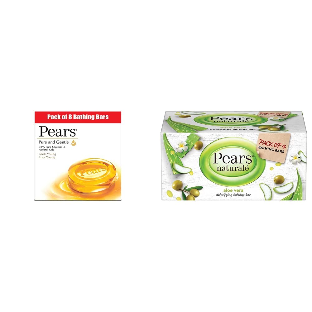 Pears Pure And Gentle Bathing Bar, 125g (Pack Of 8) & Natural Aloe Vera Detoxifying Soap Bar, 125 g (Pack of 3)