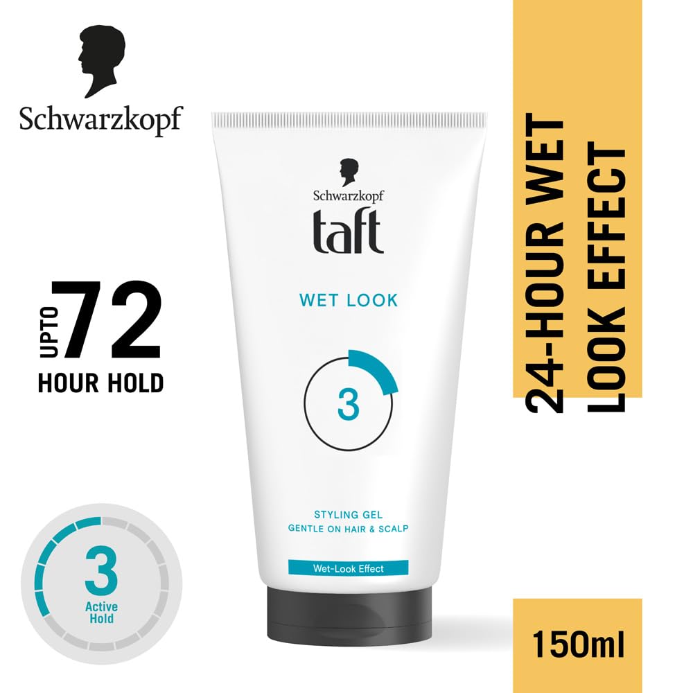 Schwarzkopf TAFT Wet Hair Styling Gel For 24 Hours Shiny Wet Look Effect Hold 3 With Moisturising Formula, Non-Sticky And Easy to Wash Off, No Alcohol, No Sulphate, Vegan And Peta Approved - 150ML