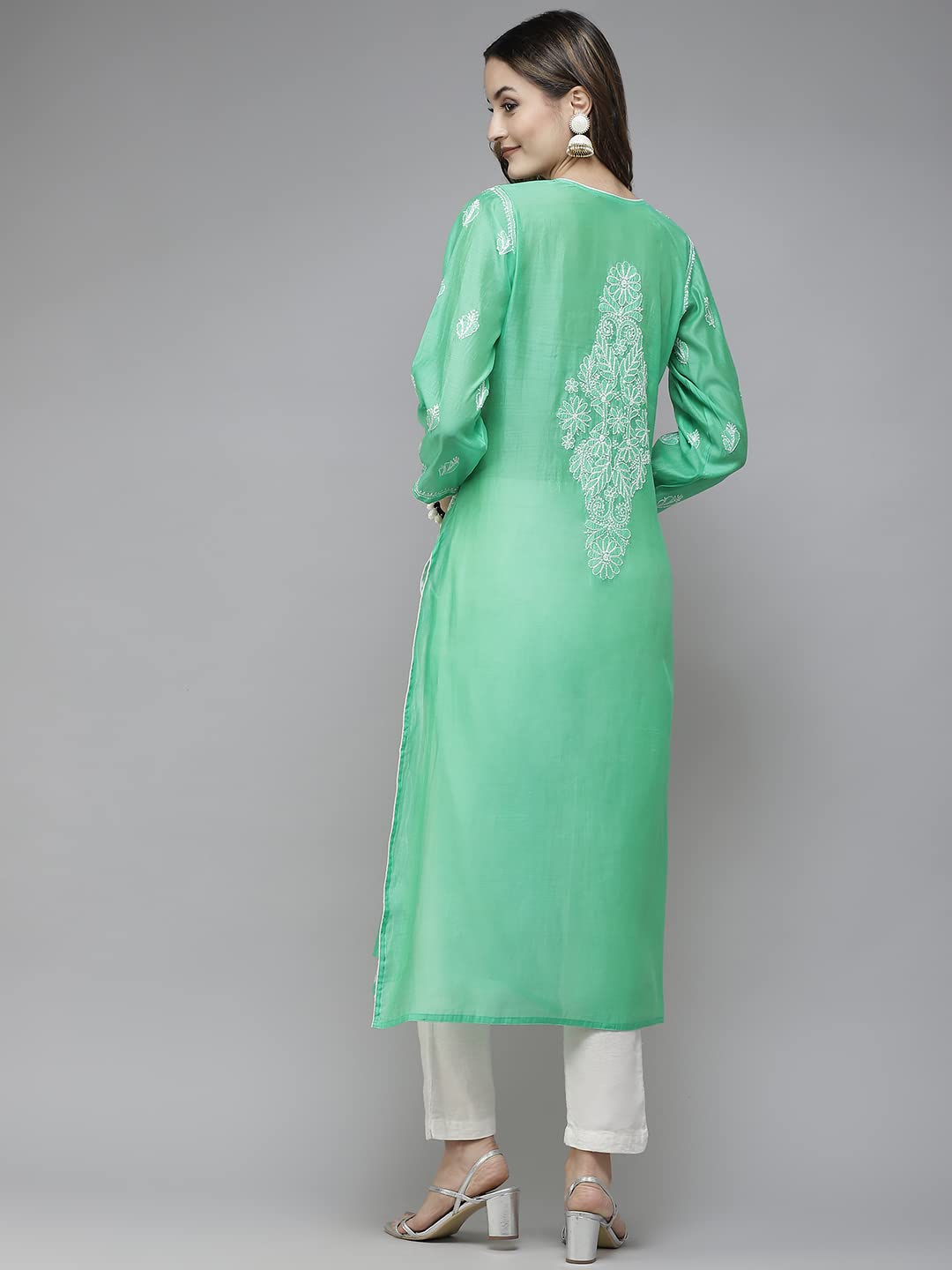 Ada Hand Embroidered New Lucknowi Chikankari Chanderi Kurta Kurti for Women A411175