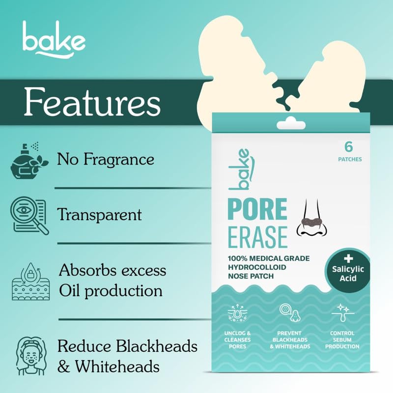 BAKE 2% Salicylic Acid Nose Strips for Pore Cleansing & Blackheads Removal | Hydrocolloid Nose Strips for Control Sebum Production (6 Strips)