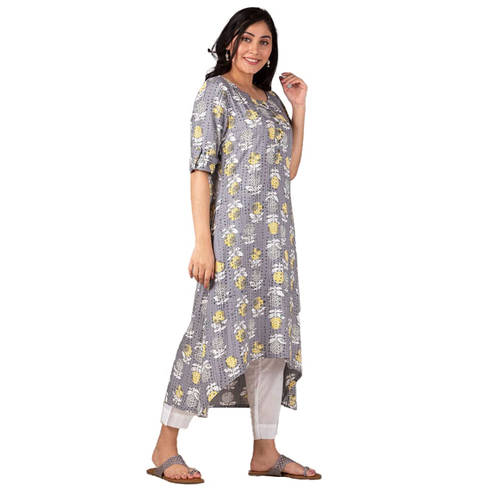 in. fuse by Shoppers Stop Printed Rayon Round Neck Womens Hi Low Kurta