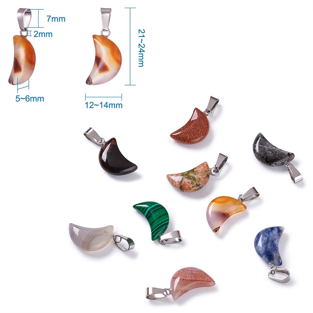 FASHEWELRY 50Pcs Crescent Moon Shaped Mixed Stone Pendants Healing Crystal Quartz Chakra Reiki Gemstone Charms for Necklace Jewelry Making Hole: 2x7mm 1-Mixed Color-Moon-Random