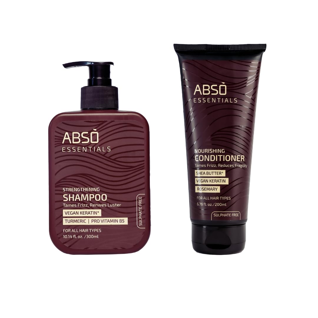 ABSO ESSENTIALS Combo Pack of Strengthening Shampoo and Nourishing Conditioner for Lustrous, Frizz-Free, Deep cleansing, Provides Strength, Soft and Smooth Hair (Shampoo -300ml+ Conditioner-200ml)