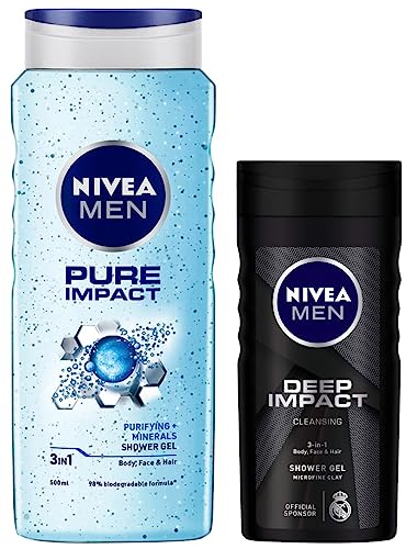 NIVEA Men Pure Impact Shower Gel, 500ml, Hair, Face & Body Wash And NIVEA Men Shower Gel, Deep Impact Cleansing Body Wash, Men, 250ml