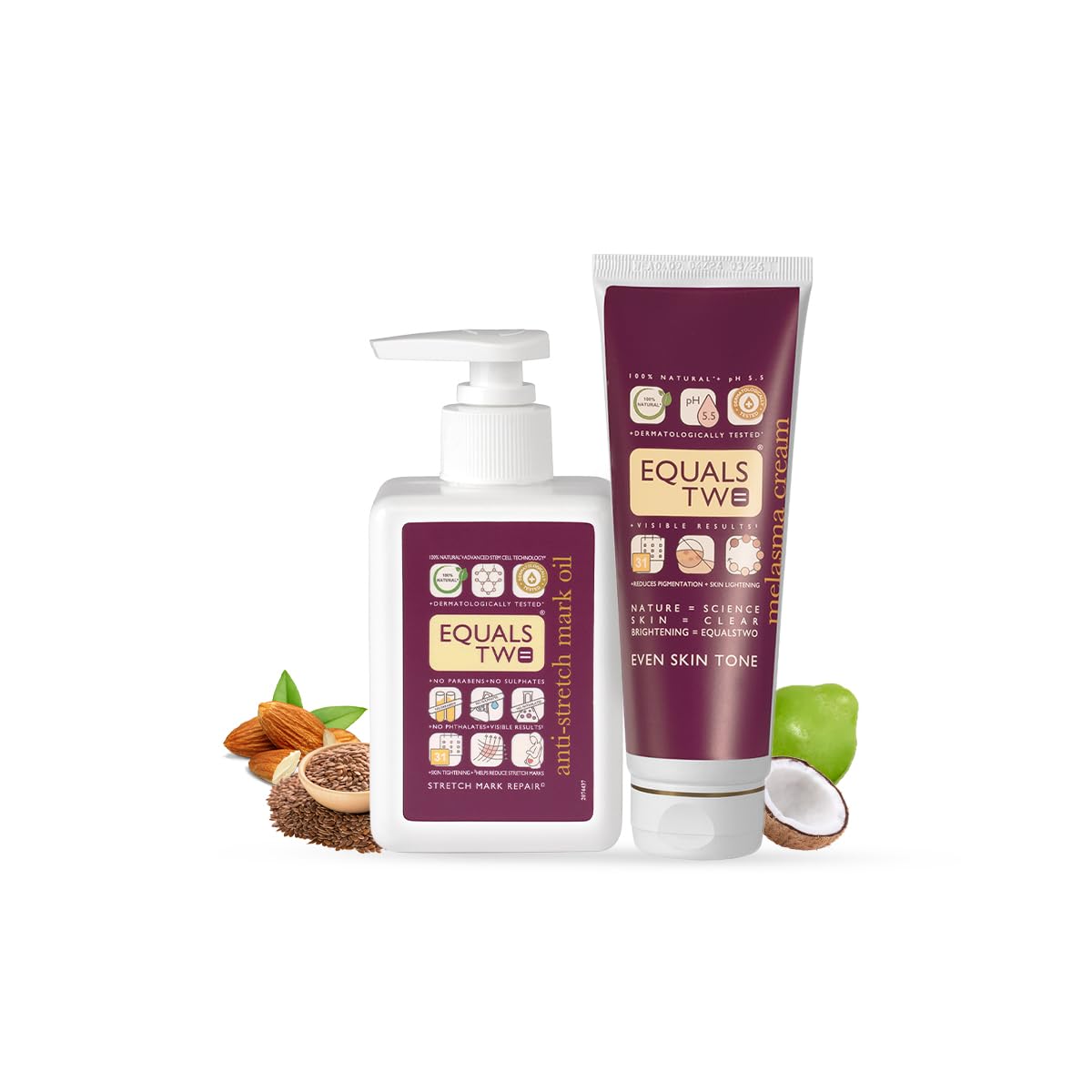 EQUALSTWO Mother Care Combo of Anti-stretchmark Oil (200ml) + Melasma Cream (100gm), 100% Natural & Dermatologically Tested, Perfect Combo for New Moms & Expecting Mothers, Pack 2