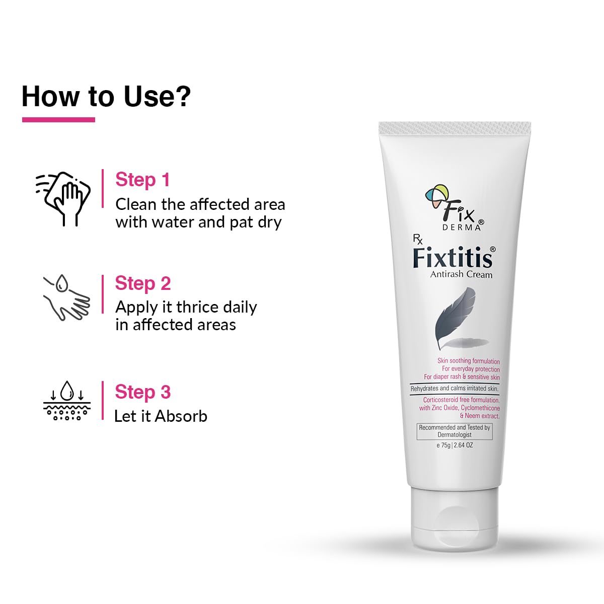 Fixderma 15% zinc oxide Fixtitis Anti Rash Cream | Diaper rash cream for baby | Softening the Rough Skin, Soothing and Healing | Rash Cream for Sensitive Skin - 75 gm