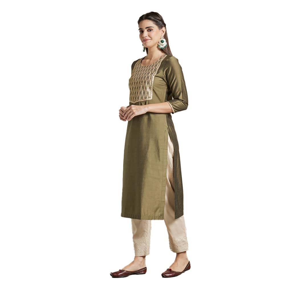 Kashish Women's  Viscose Embroidered Round Neck Straight Fit Kurta
