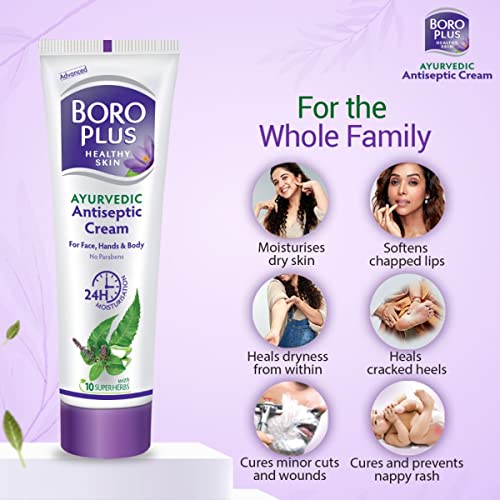 BOROPLUS Antiseptic Cream, 24 Hour Moisturisation, Ayurvedic, Neem, Tulsi & Aloe Vera, 80ml (Pack of 3)