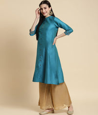 rangita Women Solid Embroidered Calf Length A Line Kurti with Sleeves Tabs