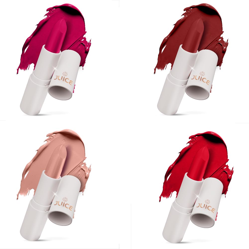 Juice Kiss Sensation Lipstick with Goodness of Bio Retinol, UV Protection & Long lasting Lipstick, Pack of 4 (Red Carpet - M02, Think Pink - M09, Maroon Magnet - M13, Not Really Nude - M22)
