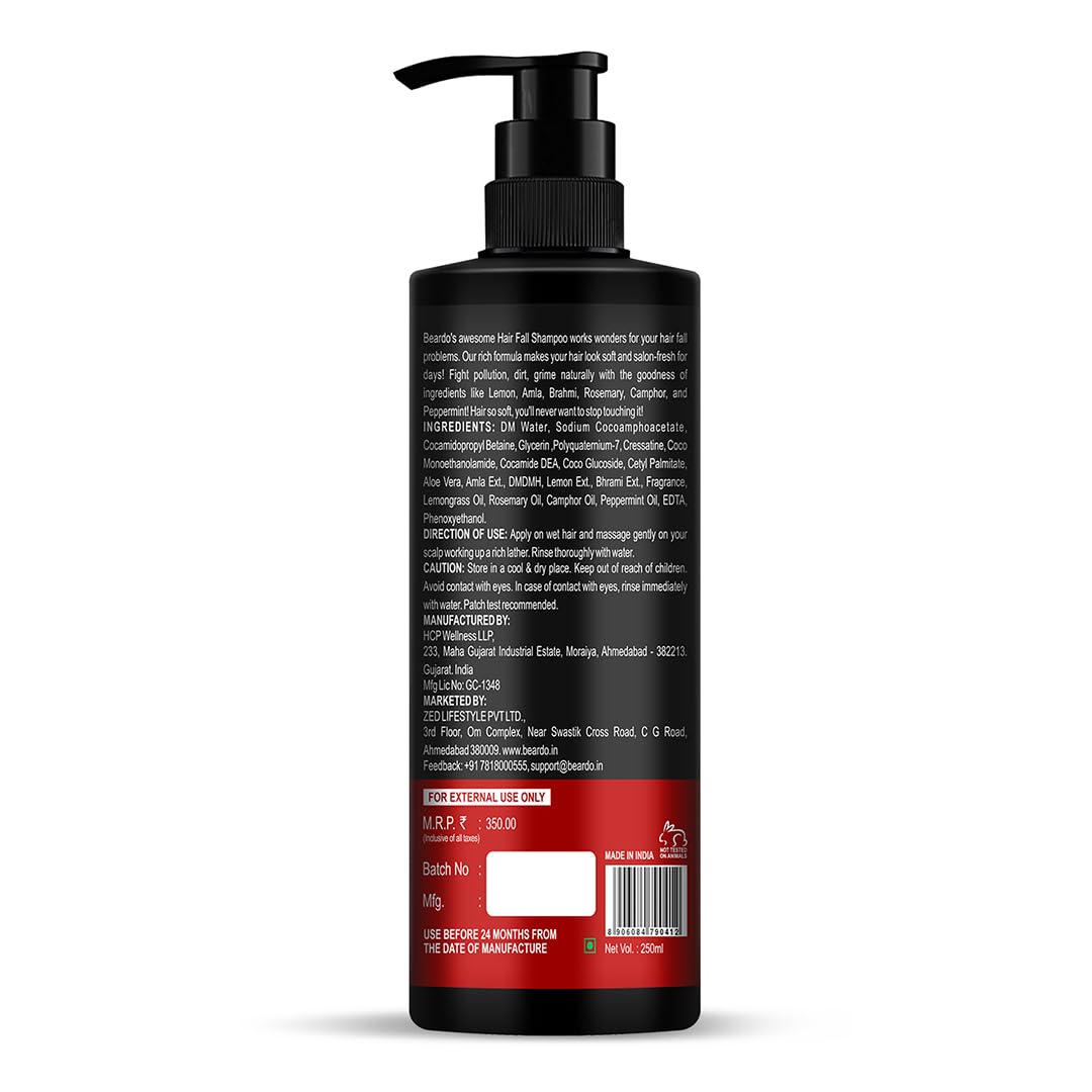 Beardo Hair Fall Control Shampoo For Men, 250 ml | Shampoo For Men With The Goodness Of Amla, Rosemary Oil, Aloe Vera and Brahmi | Strong Hair Shampoo