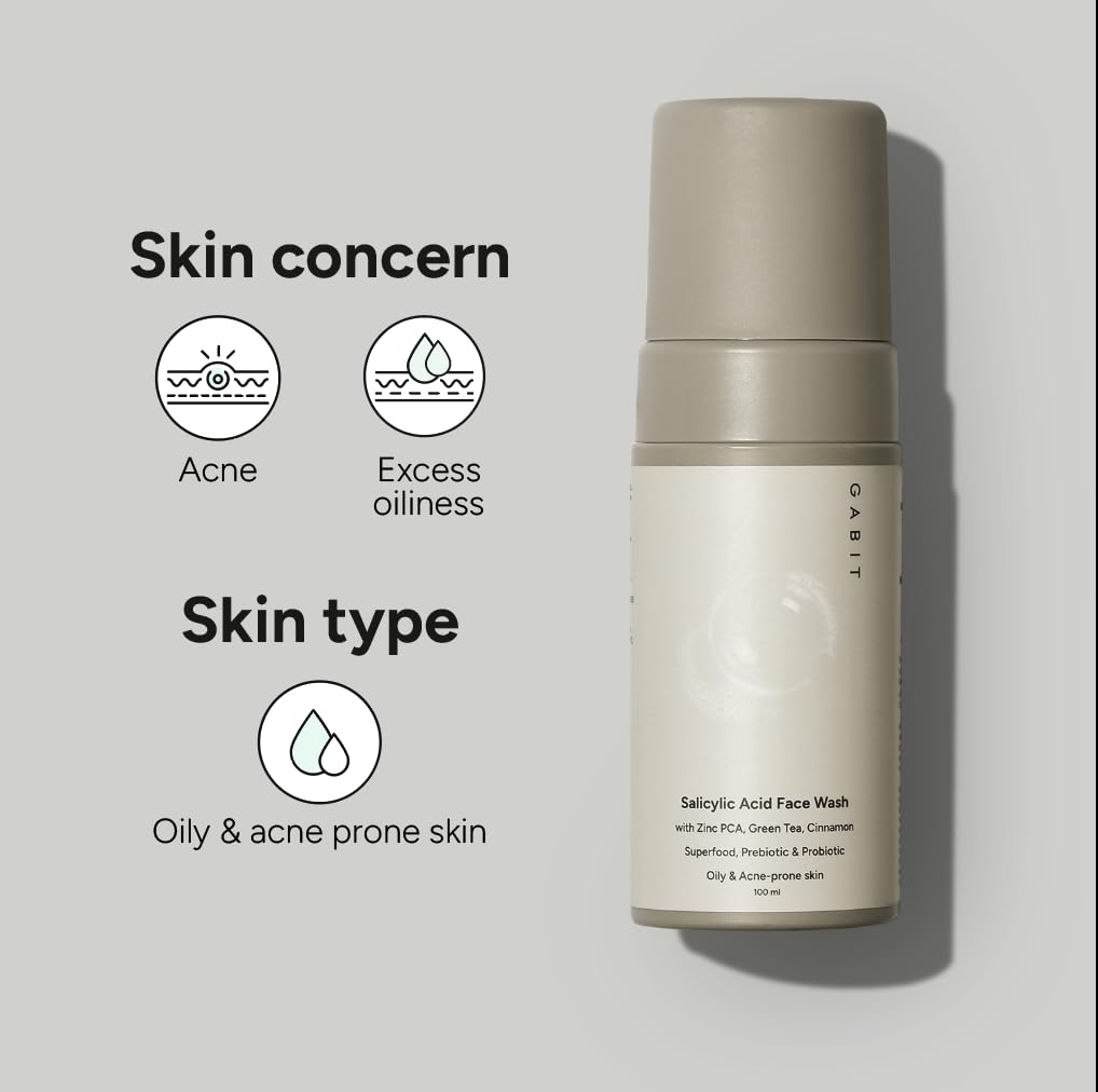 Gabit Salicylic Acid Face Wash for Oily, Acne Prone Skin | Deeply Cleanse Pores, Exfoliates & Non-drying | Green Tea, ProVitamin B5, Zinc PCA | For Men & Women | Free of Sulphates, Soap & Oil | 100 ml