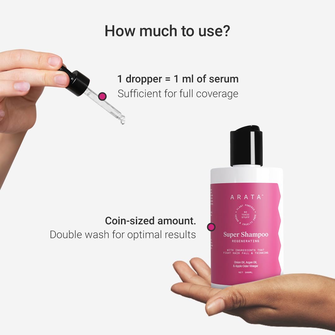 Arata Grow Strong Combo | Intensive Hair Growth Serum & Super Shampoo | Boost Hair Growth | Reduce Hair Loss | Smooth & Shiny Hair | 3% Redensyl, Biotin, Protein, Vitamins | 300ml + 30ml