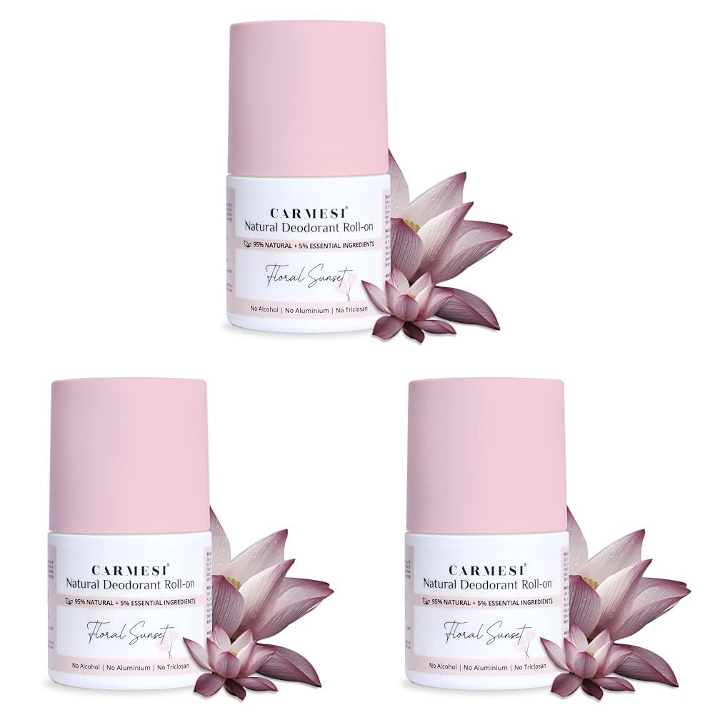 Carmesi Natural UnderArms Roll On Deodorant for Women | 95% Natural + 5% Essential Ingredients | For Fresh Underarms All Day | No Alcohol & Aluminium | Floral Sunset | 50 ml (Pack of 3)