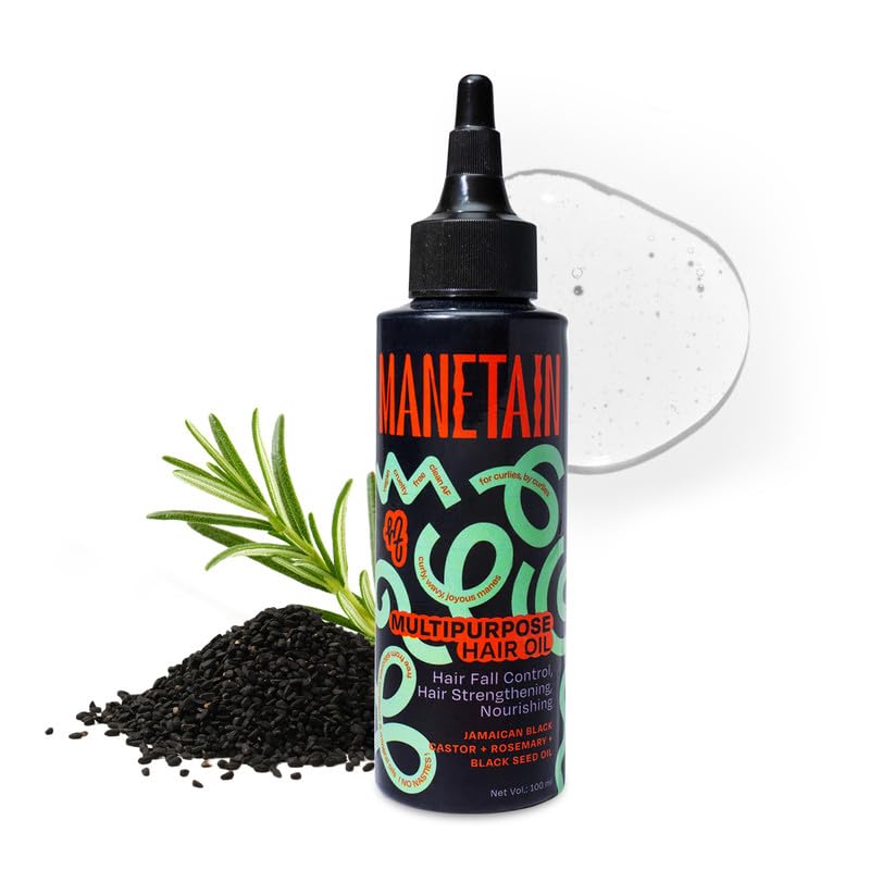 MANETAIN Multipurpose Hair Oil 100ml for Curly Hair, Wavy Hair | Nourishing Elixir for Hair Fall | Frizz-fighting & Strengthening with Jamaican Black Castor, Rosemary & Black Seed Oils | Multipurpose Hair Oil with 12 Natural Oils | Lightweight, Non-Greasy