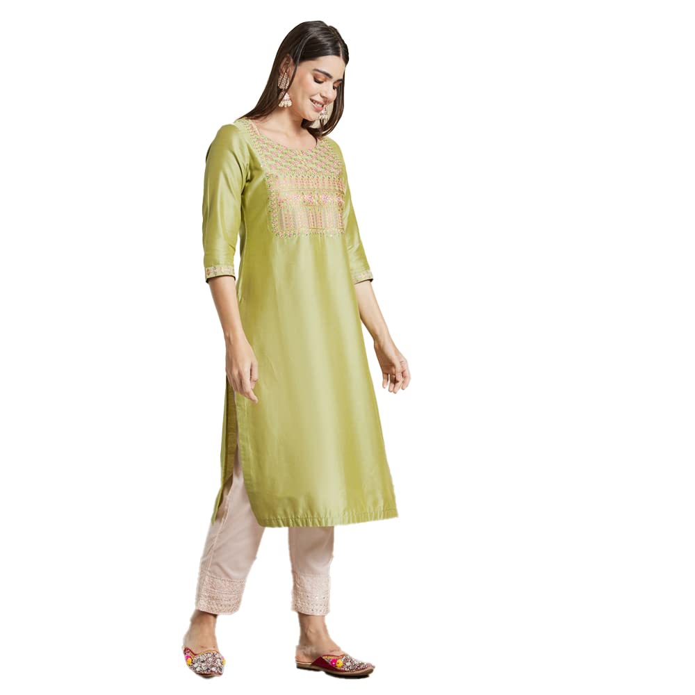 Kashish Women's  Viscose Embroidered Round Neck Straight Fit Kurta