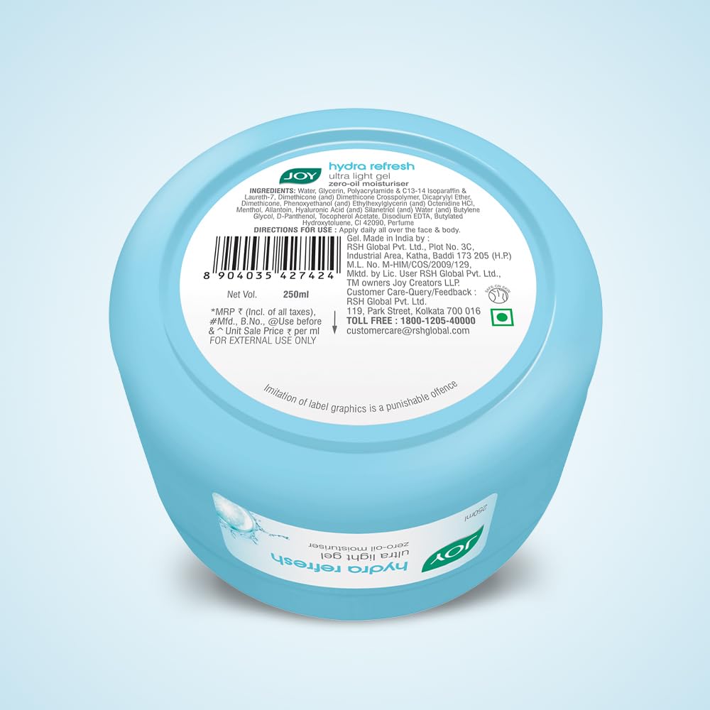 Joy Hydra Refresh Ultra-Light Gel | 48 Hours Hydration | Oil Free Moisturiser | with Hyaluronic Acid | Super Light Gel for Oily, Dry & Combination Skin | For Face & Body, 250ml