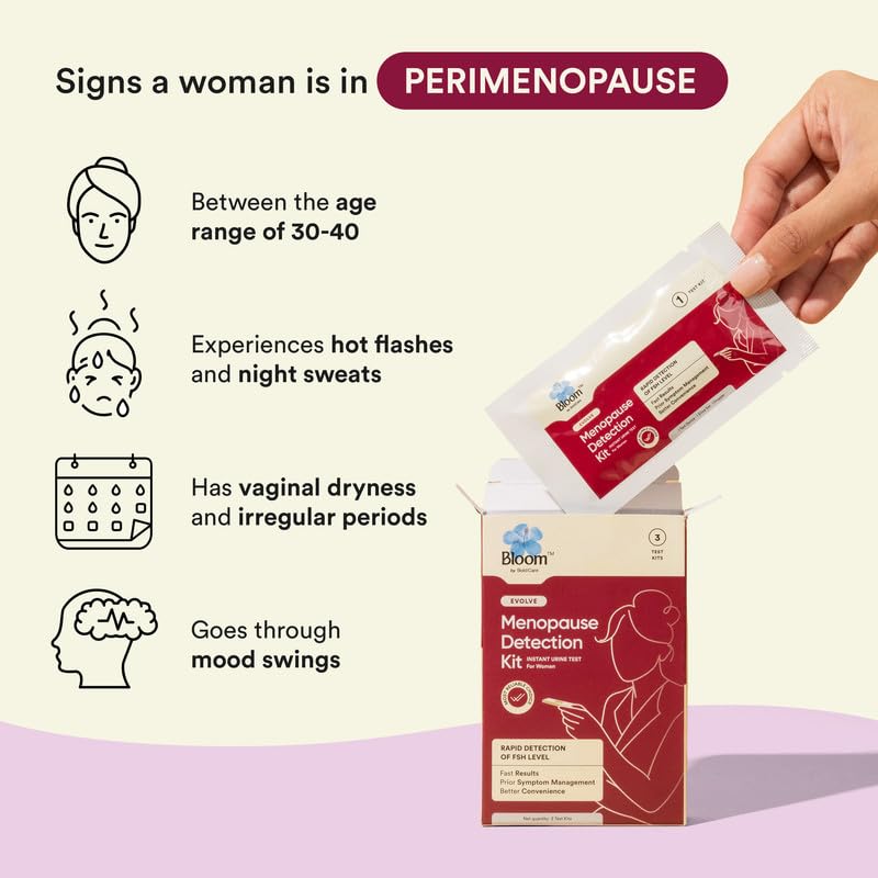 Bloom Menopause Detection Kit | 3 Test Kits (Pack of 1) | For Menopause Symptoms like Breast Pain, Hot Flashes & Irregular Periods | Rapid Detection of FSH Levels | Home-Based Urine Test Kit |