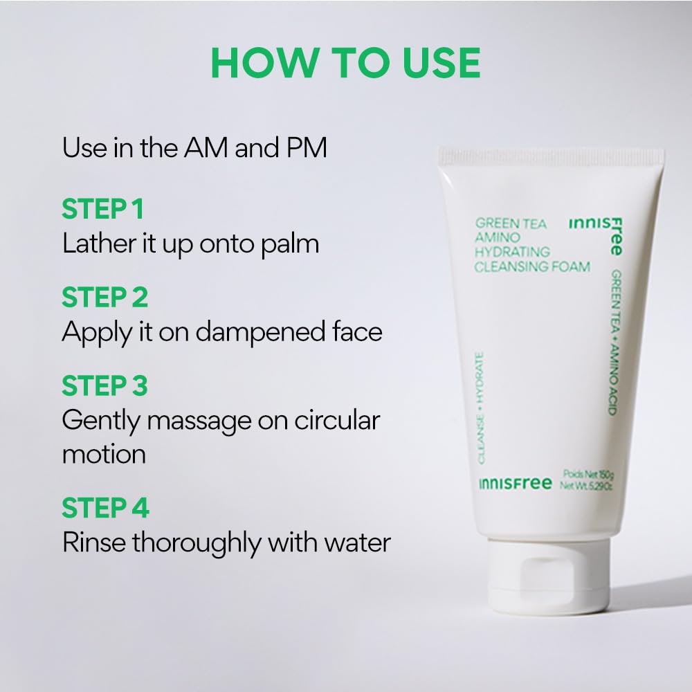 Innisfree Green Tea Hydrating Amino Acid Foam Cleanser 150g | Korean Face Wash with Green Tea Extract | Soft & Rich Amino foam | Dialy use cleanser for All Skin Types, Hydration & Moisturizing