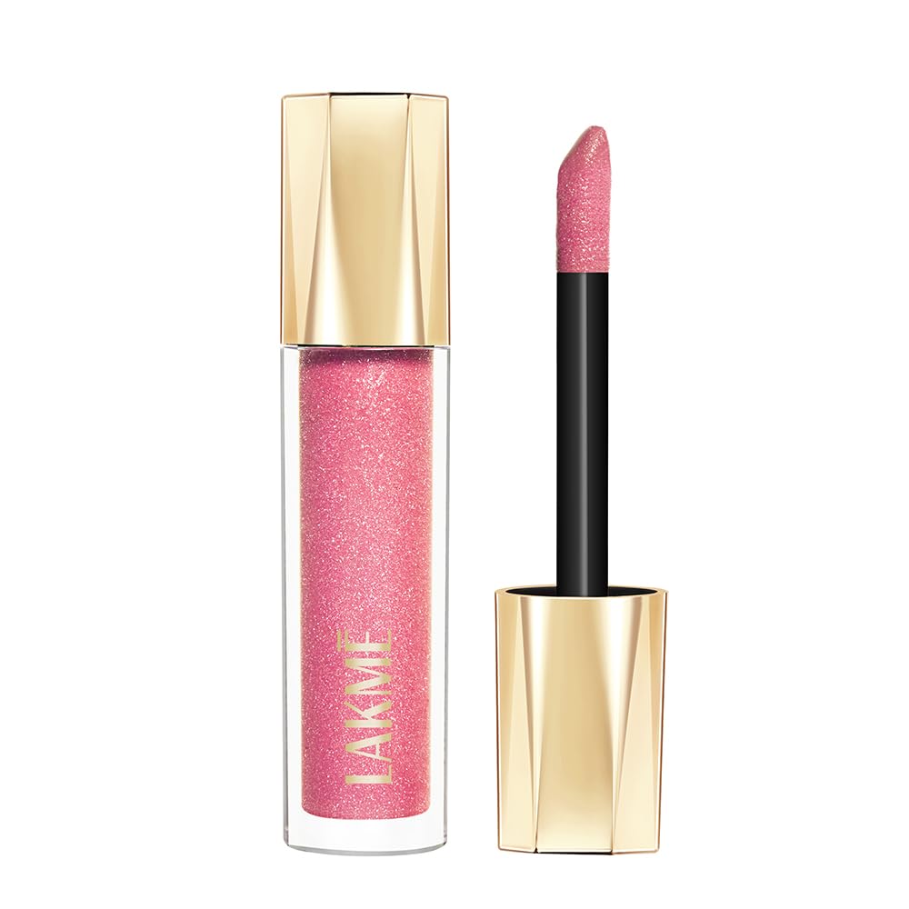 Lakmé Glitterati Lip Glaze, glossy finish, 3D crystal shine, for fuller & fabulous lips, non sticky, with vegan collagen for instantly plump lips, lip gloss, Hot Pink Cosmo