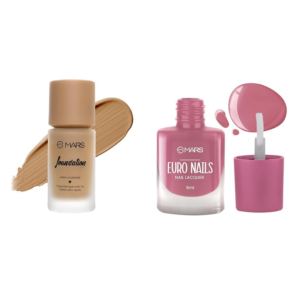 MARS High Coverage Liquid Matte Found Foundation For All Skin Types | Blemish Free & Blendable Foundation For Makeup (40Ml) (Shade-07), 1 Count EURO Nail Lacquer (6.0 ml) (Shade-14)