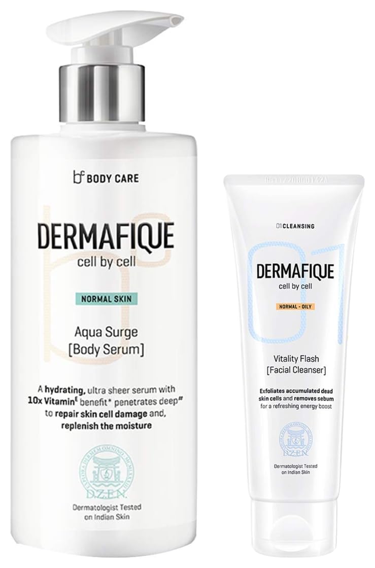 Dermafique Vitality Flash Facial Cleanser – 100ml Orange Zest Extract Removes Sebum (Oil) Face Wash with Micro Pearls Exfoliator Soap Aqua Surge Body Serum with Shea Butter 300ml Body Lotion