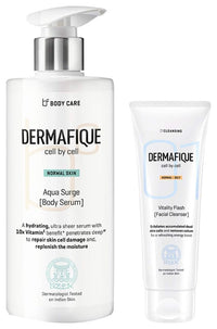 Dermafique Vitality Flash Facial Cleanser – 100ml Orange Zest Extract Removes Sebum (Oil) Face Wash with Micro Pearls Exfoliator Soap Aqua Surge Body Serum with Shea Butter 300ml Body Lotion
