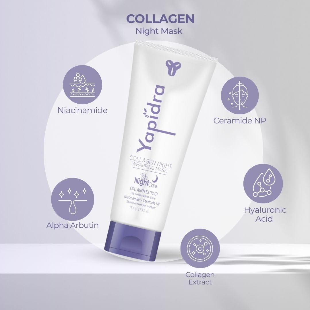 YAPIDRA Korean Collagen Night Wrapping Mask – Intense Hydration, Skin Rejuvenation & Anti-Aging Formula | Collagen, Niacinamide, Ceramide, Hyaluronic Acid for Moisturized, Glowing, Youthful Skin | Nighttime Skin Treatment | 75ml