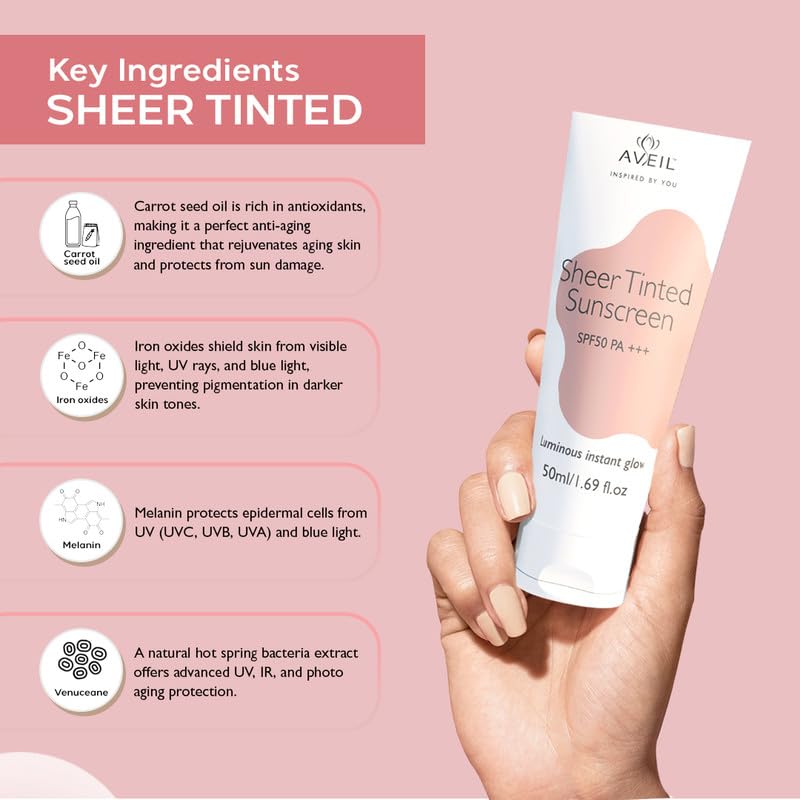 AVEIL Sheer Tinted Sunscreen SPF 50 PA +++ | 50 ml | UVA, UVB & Blue Light Protection | No White Cast | For All Skin Types | Water & Sweat Resistant | Hydrating Sunscreen | Sun-Safe Skin | Pack of 1