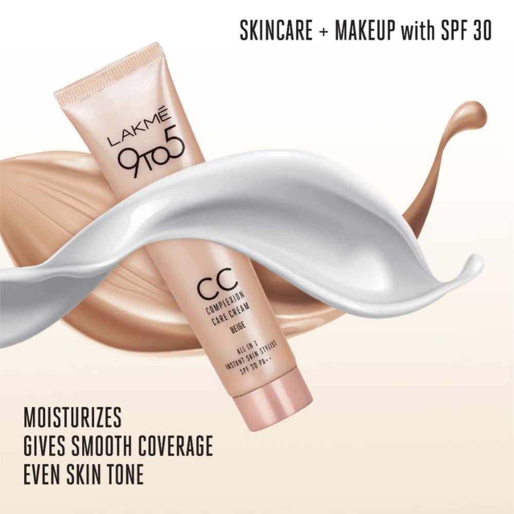 Lakmé Sun Expert SPF 50 Gel, 100 g & 9 To 5 Complexion Care Face CC Cream, Beige, SPF 30, Conceals Dark Spots & Blemishes, 30 g
