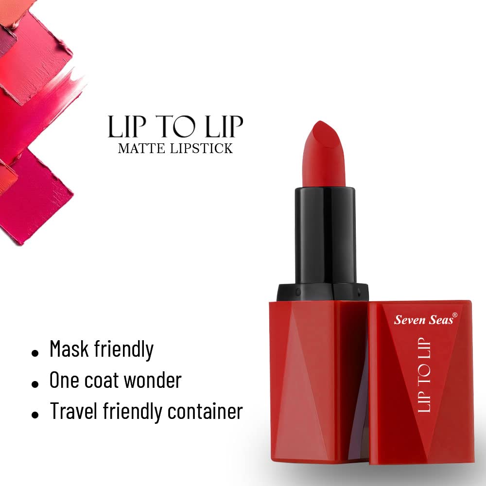 Seven Seas Lip To Lip Matte Full Coverage Long Lasting Lipstick | Smooth Application | Transferproof & Smudge Proof | Highly Pigemented Lipstick for Women (Matte Red)